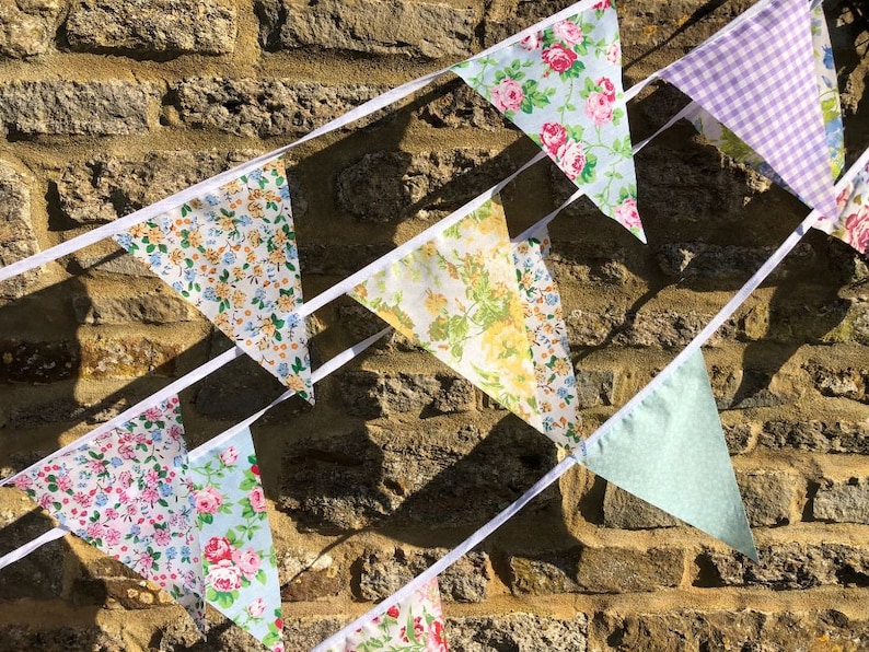 Fabric Bunting Wedding Vintage Shabby Handmade flower Garden Banner Christening Garden Party Fete 10ft/20ft/40ft/80ft/100ft/120ft/150ft mini image 2