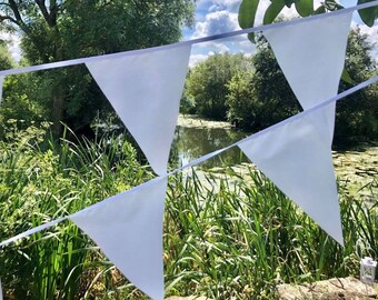 Wedding White Fabric Bunting 10ft, 20ft, 40ft Vintage Shabby Handmade PURE Bright WHITE Garden Banner Wedding Christening Garden Party Fete