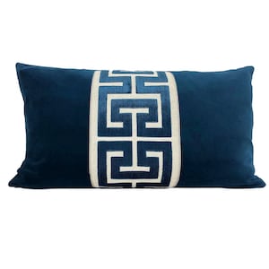 Navy Blue Velvet Lumbar Pillow Cover with Large NAVY Greek Key Trim
