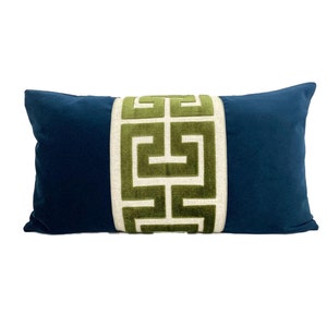 Navy Blue Velvet Lumbar Pillow Cover with Large GREEN Greek Key Trim