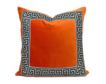 Orange Velvet Square Pillow Cover with Greek Key Trim - SELECT TRIM COLOR