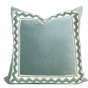Aqua Mist Velvet Pillow Cover with Aqua Zig Zag Trim