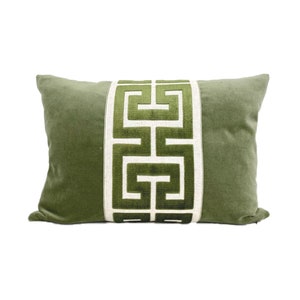 Sage Green Velvet Lumbar Pillow Cover with Large GREEN Greek Key Trim