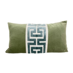 Sage Green Velvet Lumbar Pillow Cover with Large MIST Greek Key Trim