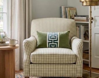 Sage Green Velvet Lumbar Pillow Cover with Large MIST Greek Key Trim