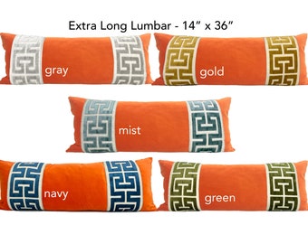 Orange Velvet Extra Long Lumbar Pillow Cover with Large Greek Key Trim -SELECT TRIM COLOR