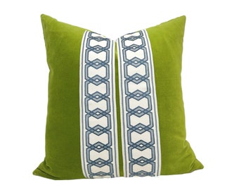 Lime Green Square Velvet Pillow Cover with Hexagon Trim - SELECT TRIM COLOR