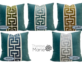 Teal Velvet Pillow Cover with Large Greek Key Trim - Teal Pillow Cover - SELECT TRIM COLOR