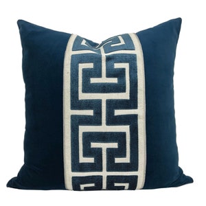 Navy Blue Velvet Pillow Cover with Large Greek Key - SELECT TRIM COLOR