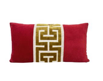 Red Velvet Lumbar Pillow Cover with Large Greek Key Trim - SELECT TRIM COLOR