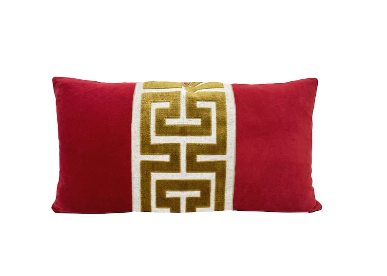 Red Velvet Lumbar Pillow Cover with Large Greek Key Trim SELECT TRIM COLOR Gold