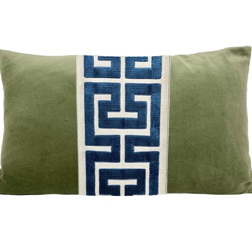 Lime Green Velvet Square Pillow Cover With Greek Key Trim Etsy