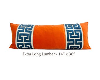 Orange Velvet Extra Long Lumbar Pillow Cover with Large Greek Key Trim -SELECT TRIM COLOR
