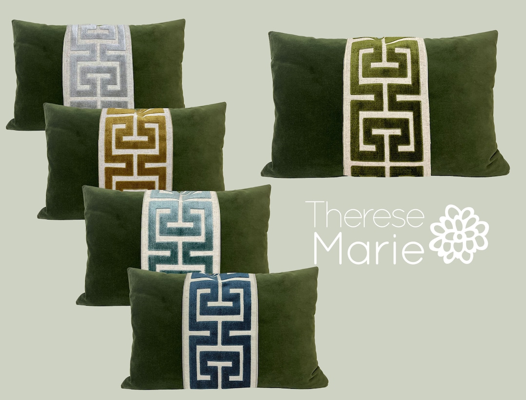 Moss Green Lumbar Pillow Cover With Large Greek Key Trim SELECT TRIM