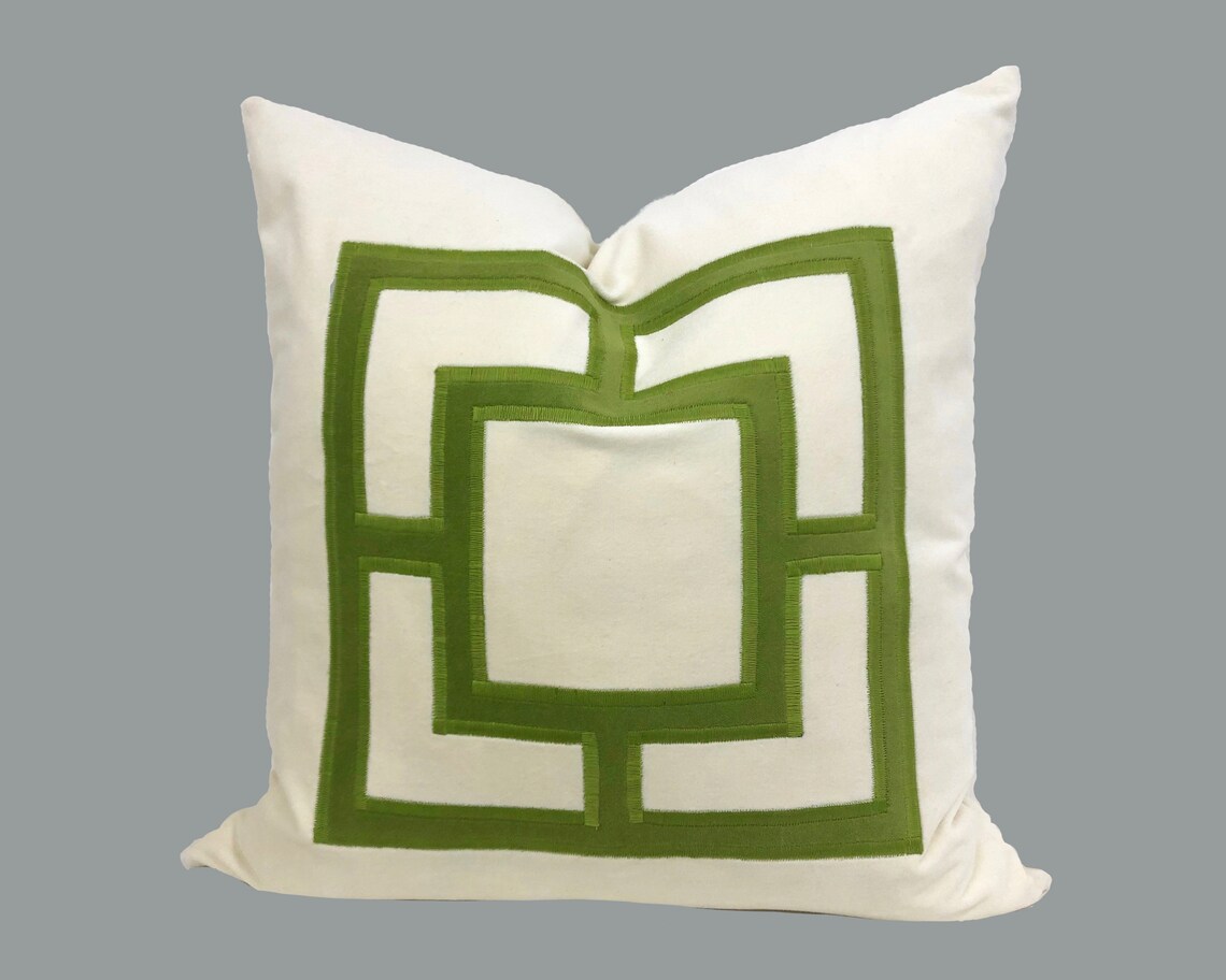 Off White Velvet Pillow Cover With Lime Green Square Applique Etsy