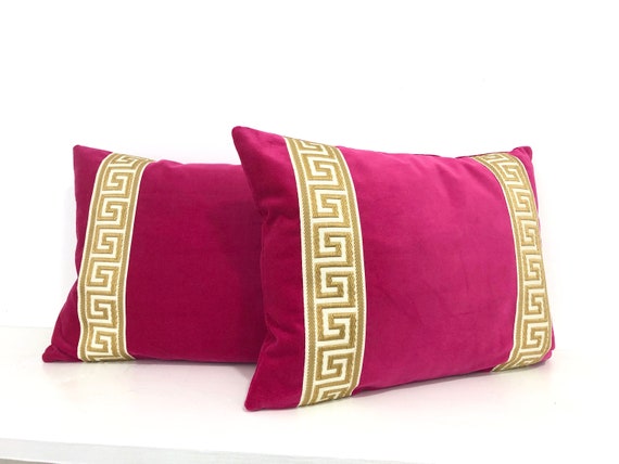 Pink Pillow Cover Fuchsia Velvet Lumbar Throw Pillow Cover Fuchsia Gold Color