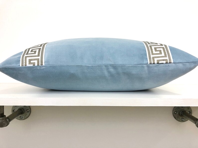 Light Blue Velvet Lumbar Pillow Cover with Gray Greek Key Trim Etsy