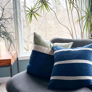 Navy Blue Velvet Pillow Cover with Large GREEN Greek Key Trim image 3