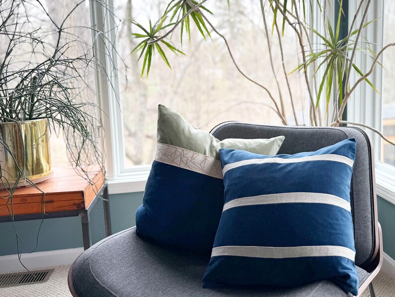 Navy Blue Velvet Pillow Cover with Large GREEN Greek Key Trim image 3