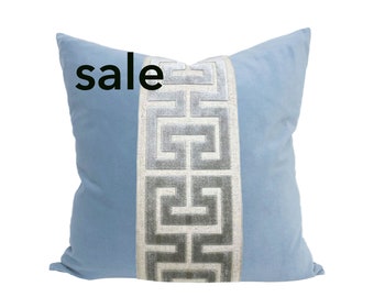 SALE Light Blue Square Velvet Pillow Cover with Large Gray Greek Key Trim