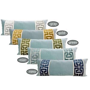 Aqua Mist Long Lumbar Velvet Pillow Cover with Large Greek Key - SELECT TRIM COLOR