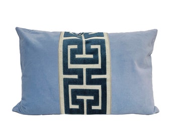 Light Blue Velvet Lumbar Pillow Cover with Large Greek Key trim - SELECT TRIM COLOR