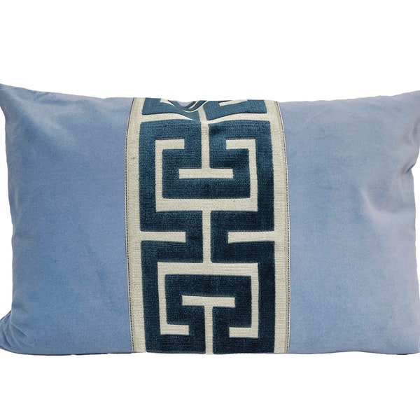 Light Blue Velvet Lumbar Pillow Cover with Large Greek Key trim - SELECT TRIM COLOR