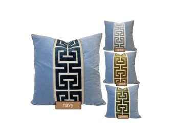 Light Blue Square Velvet Pillow Cover with Large Greek Key Trim - SELECT TRIM COLOR