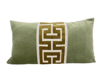 Sage Green Velvet Lumbar Pillow Cover with Large Greek Key Trim- - SELECT TRIM COLOR