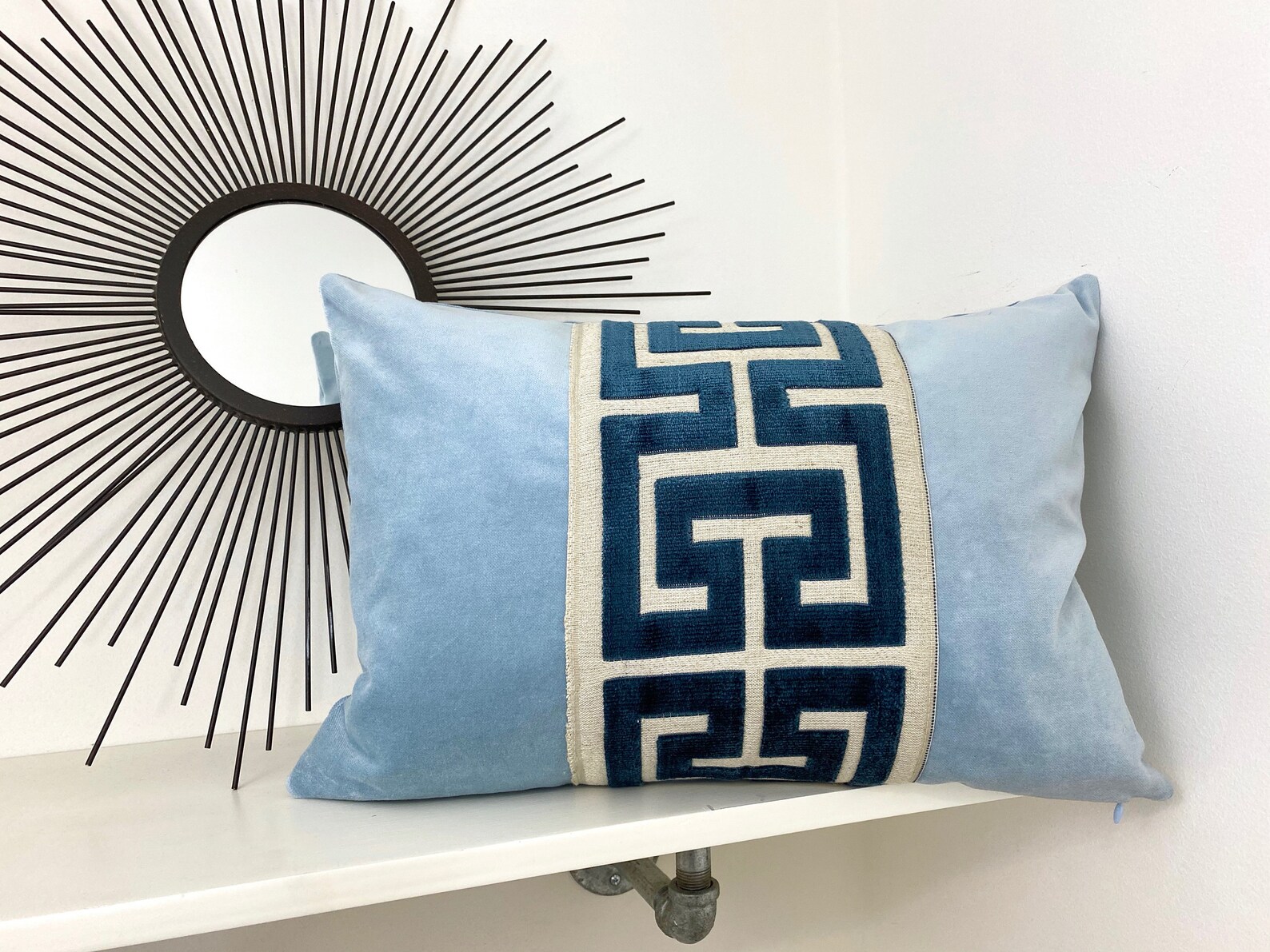 Light Blue Velvet Pillow Cover With Large Greek Key Trim Etsy