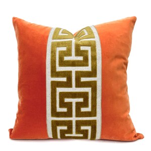 Orange Velvet Square Pillow Cover with Large Greek Key Trim SELECT TRIM COLOR Gold
