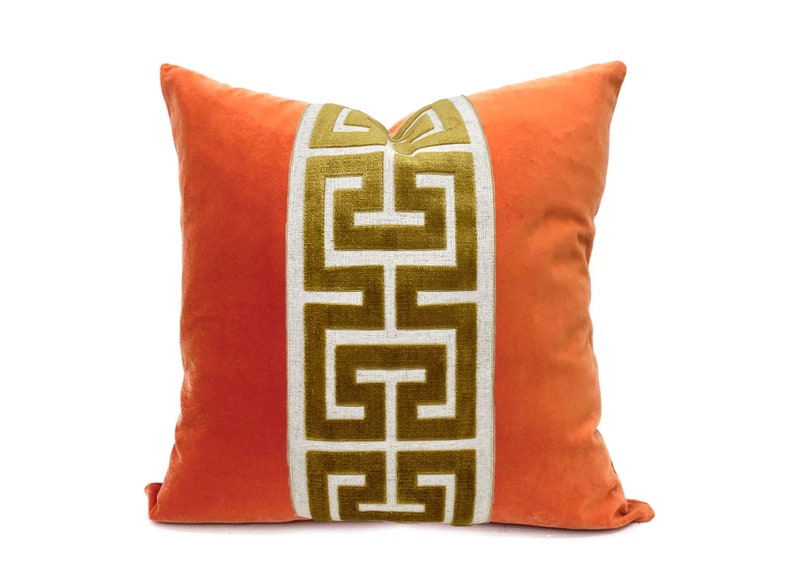 Orange Velvet Square Pillow Cover with Large Greek Key Trim SELECT TRIM COLOR Gold