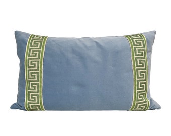 Light Blue Velvet Lumbar Pillow Cover with Greek Key Trim - SELECT TRIM COLOR