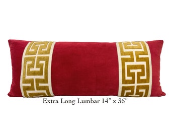 Extra Long Red Lumbar -SELECT TRIM COLOR - 14x36 Red Velvet Pillow Cover with Large Greek Key