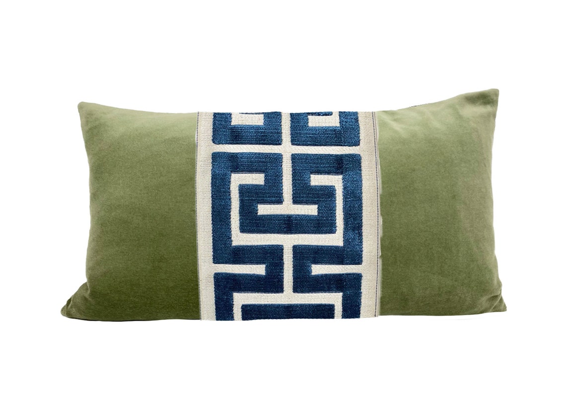 Sage Green Velvet Lumbar Pillow Cover with Large Greek Key Etsy