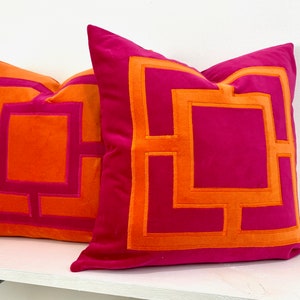 Orange and Fuchsia Pink Square Applique Pillow Cover image 3