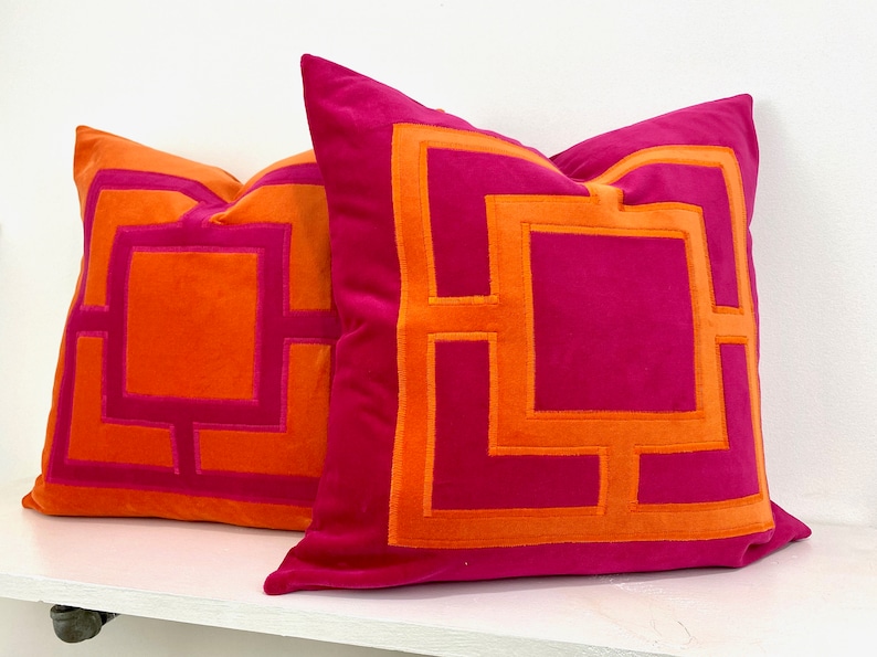 Orange and Fuchsia Pink Square Applique Pillow Cover image 3