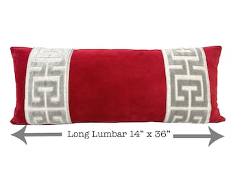 Extra Long Red Lumbar -SELECT TRIM COLOR - 14x36 Red Velvet Pillow Cover with Large Greek Key