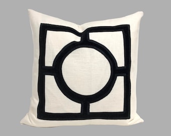 White Pillow Cover with Black Velvet Circle Appliqué