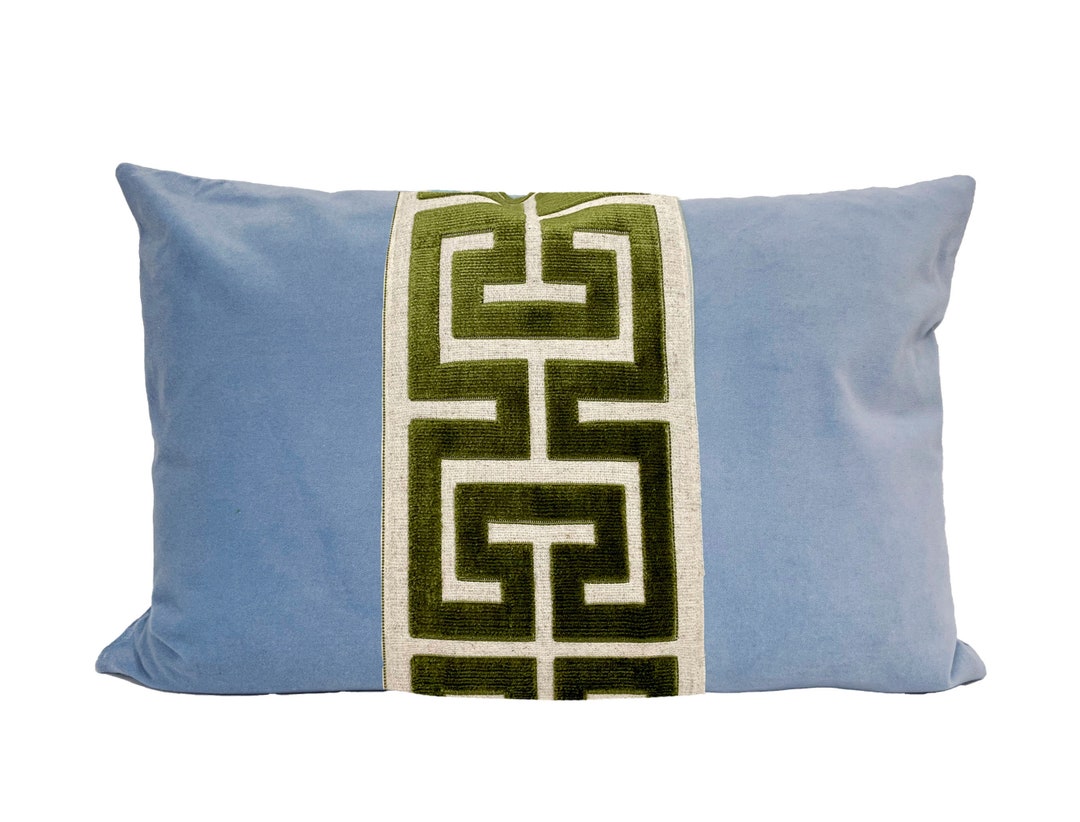 Light Blue Velvet Pillow Cover With Large Greek Key Trim SELECT TRIM