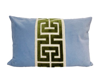 Light Blue Velvet Pillow Cover with Large Greek Key Trim - SELECT TRIM COLOR