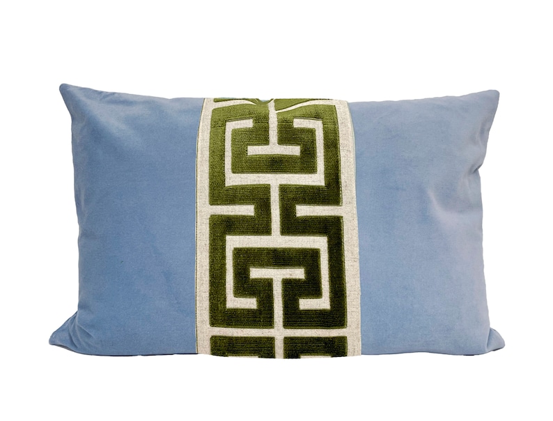 Light Blue Velvet Pillow Cover With Large Greek Key Trim Etsy