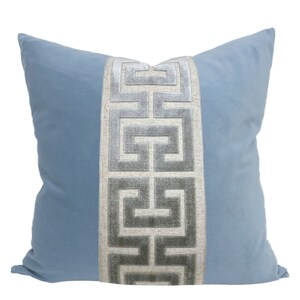 Light Blue Velvet Square Pillow Cover with Large Greek Key SELECT TRIM COLOR gray