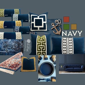 Navy Blue Velvet Pillow Cover with Large GREEN Greek Key Trim image 6