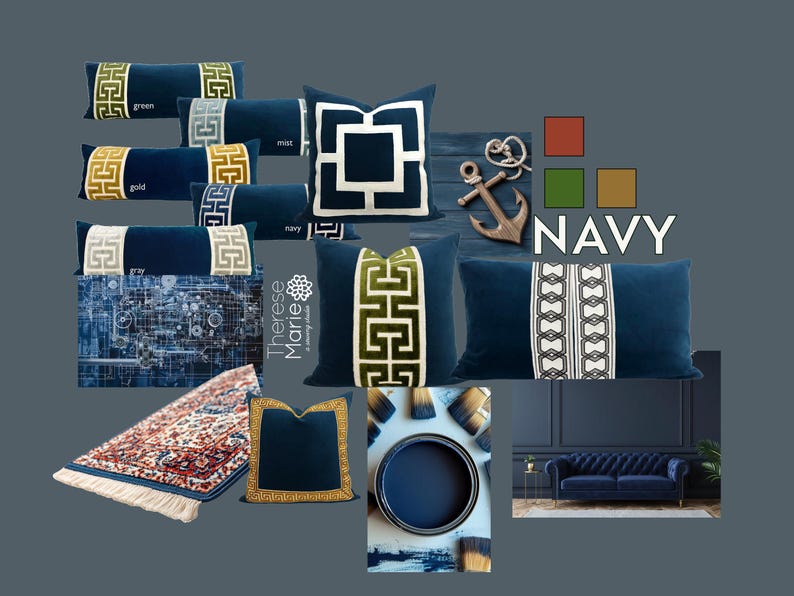 Navy Blue Velvet Pillow Cover with Large GREEN Greek Key Trim image 6