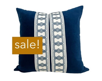 SALE Navy Blue Square Velvet Pillow Cover with Hexagon Trim - size 20x20