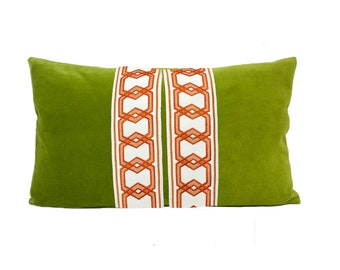 Lime Green Velvet Lumbar Pillow Cover with Hexagon Trim - SELECT TRIM COLOR