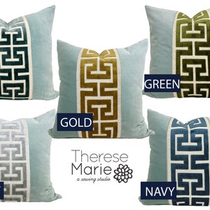 Aqua Mist Velvet Pillow Cover with Large Greek Key Trim SELECT TRIM COLOR image 2