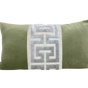 Sage Green Velvet Lumbar Pillow Cover with Large Greek Key Trim SELECT TRIM COLOR Gray