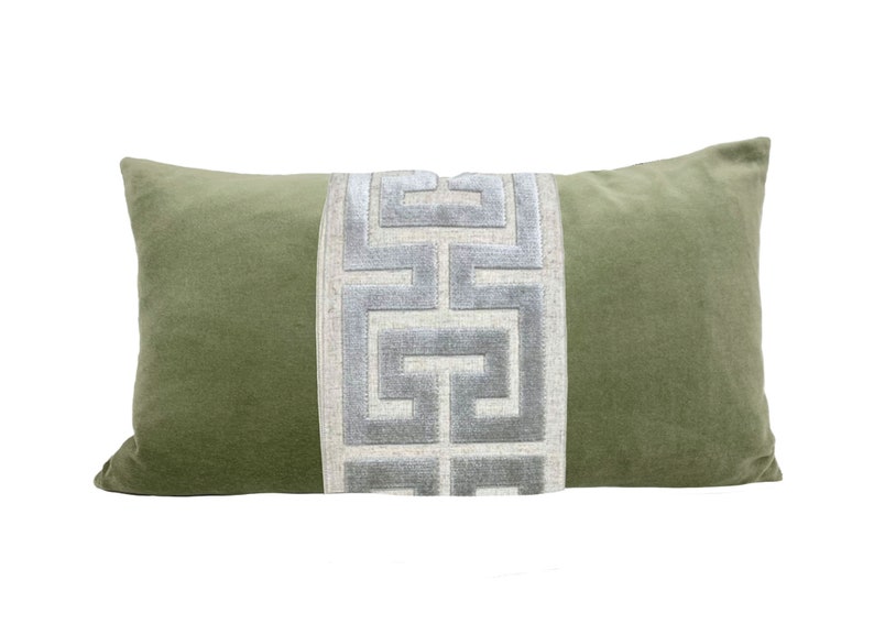 Sage Green Velvet Lumbar Pillow Cover with Large Greek Key Trim SELECT TRIM COLOR Gray